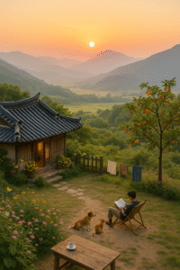 AI 산속 한옥 마당에서 책 읽는 남자 이미지