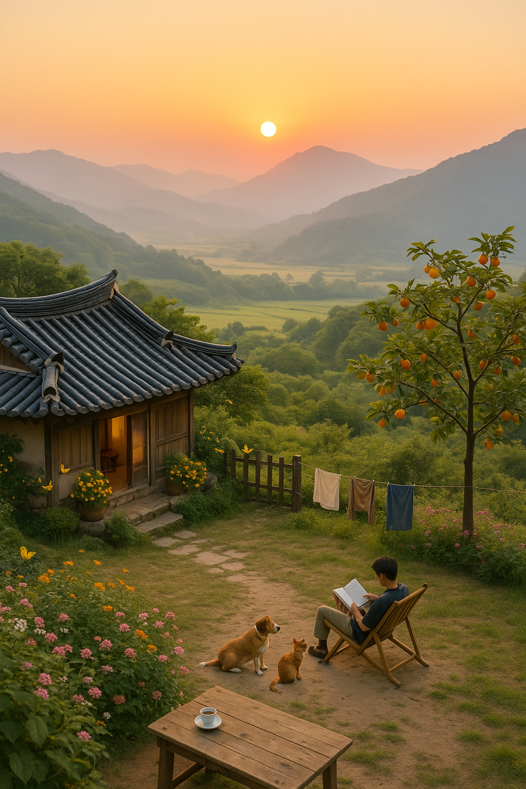 AI 산속 한옥 마당에서 책 읽는 남자 이미지